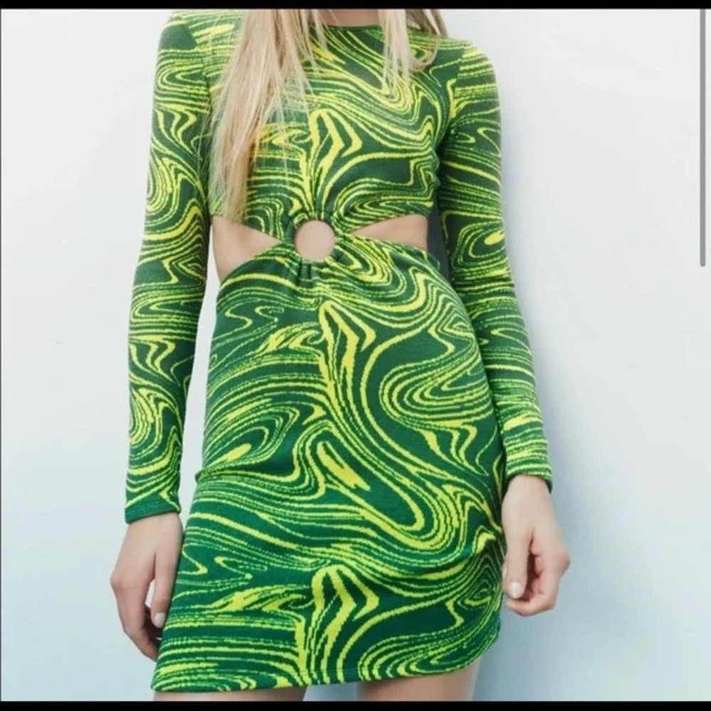 Zara Green and Yellow Swirl Long Sleeve Dress